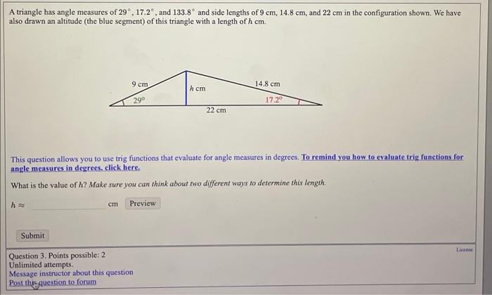 Solved A triangle has angle measures of 29∘,17.2∘, and | Chegg.com