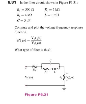 Solved 3.31 In the filter circuit shown in Figure P6.31: | Chegg.com