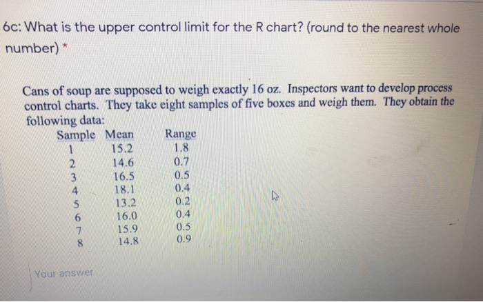 Solved 6c: What is the upper control limit for the R chart? | Chegg.com