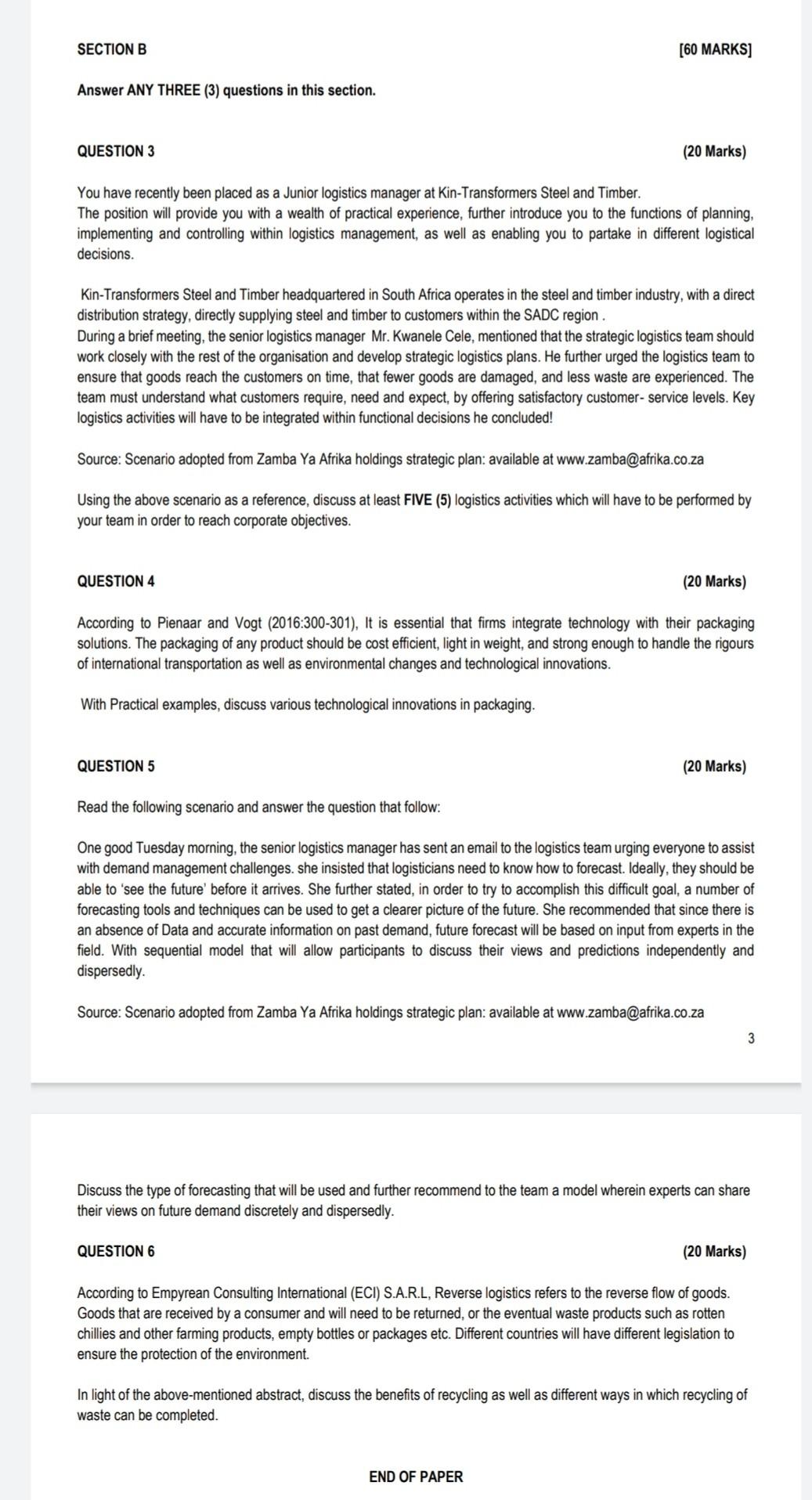 Solved SECTION B [60 MARKS] Answer ANY THREE (3) Questions | Chegg.com