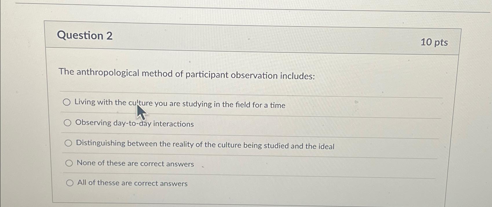 Solved Question 210 ﻿ptsThe anthropological method of | Chegg.com
