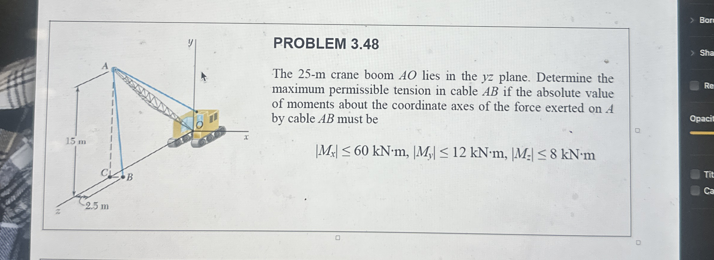 PROBLEM 3.48The 25-m ﻿crane boom AO ﻿lies in the yz | Chegg.com