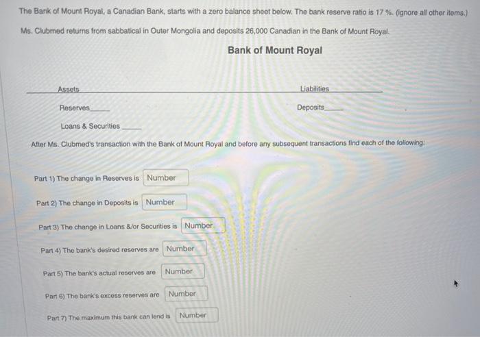 The Bank of Mount Royal, a Canadian Bank, starts with a zero balance sheet below. The bank reserve ratio is \( 17 \% \). (ign