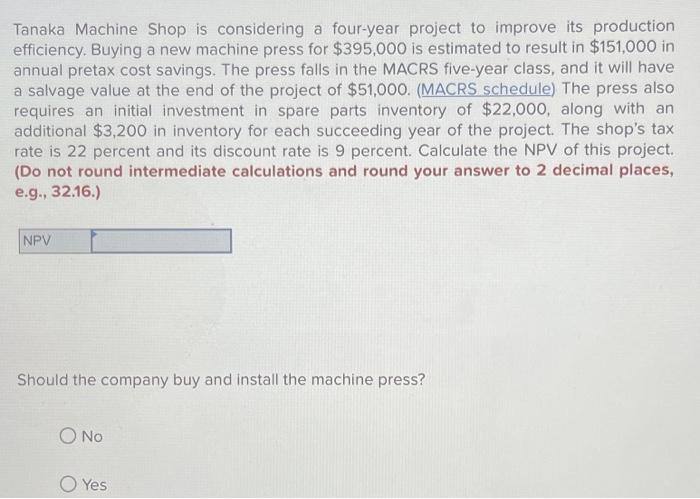 Solved Tanaka Machine Shop is considering a four-year | Chegg.com