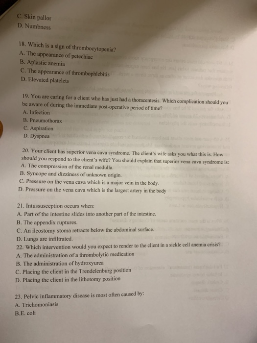 Solved C. Skin pallor D. Numbness 18. Which is a sign of | Chegg.com