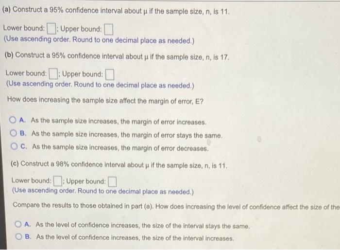 Solved (a) Construct a 95% confidence interval about if the | Chegg.com