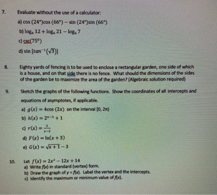 Solved Evaluate Without The Use Of A Calculator A Cos Chegg Com