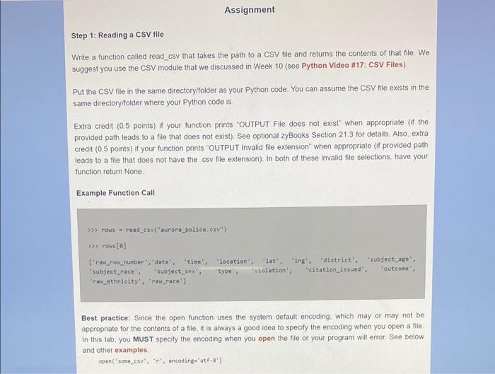 Assignment Step 1: Reading A CSV File Write A | Chegg.com