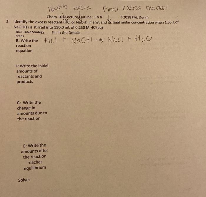Solved limiting excess final excess reactant Chem 161 | Chegg.com