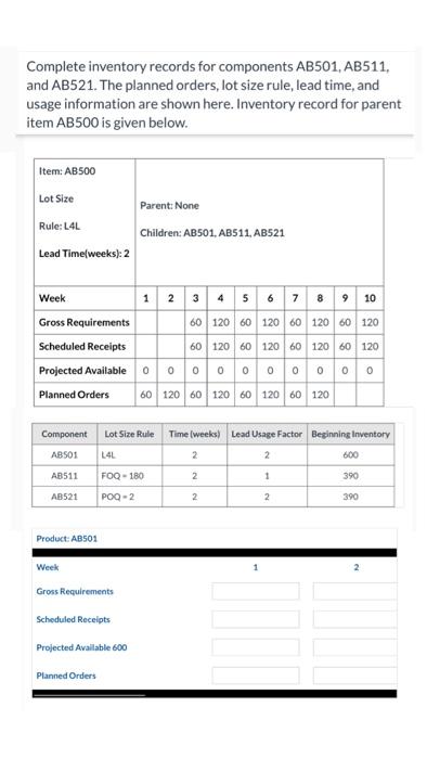 Solved Complete inventory records for components AB501, | Chegg.com