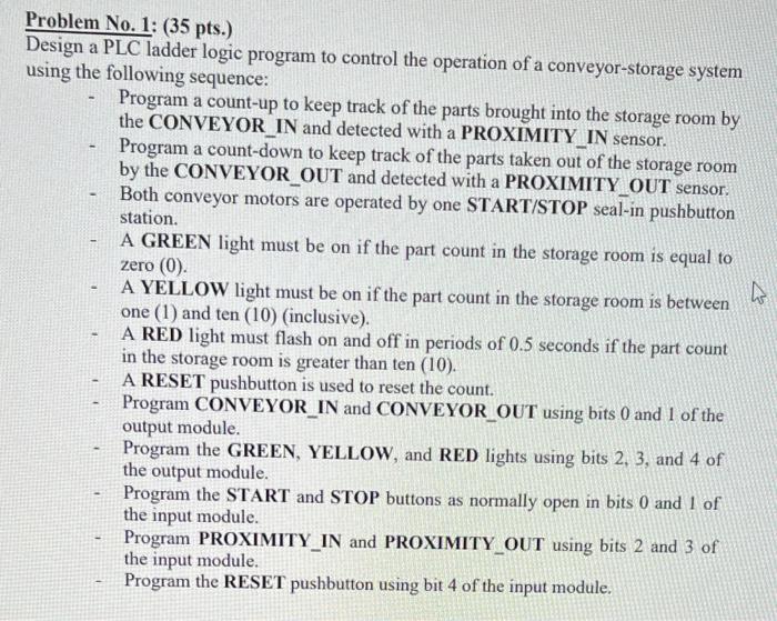 Problem No. 1: (35 pts.)
Design a PLC ladder logic program to control the operation of a conveyor-storage system using the fo