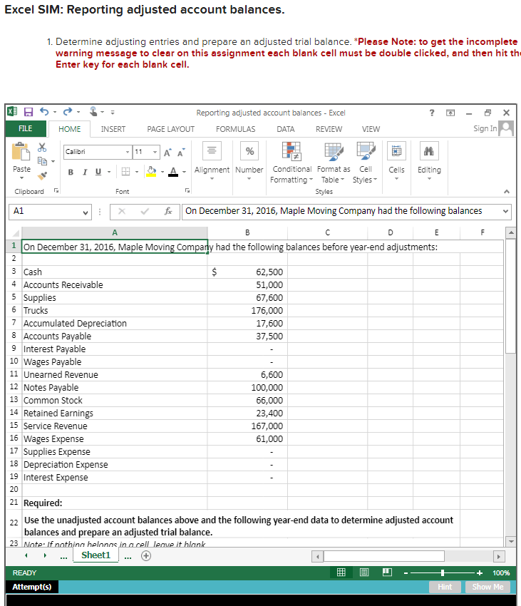 Solved Excel SIM: Reporting adjusted account | Chegg.com