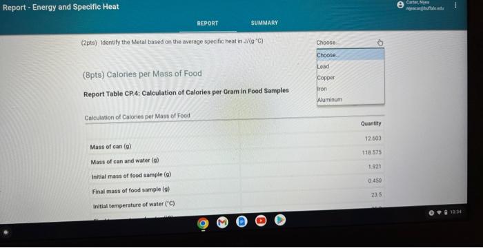 Solved Report Table CP3: Specific Heat of Metal Data and | Chegg.com