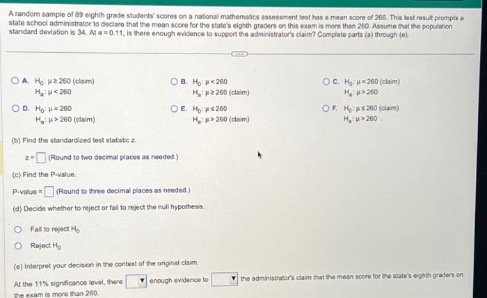 A random sample of 89 eighth grade students' scores | Chegg.com