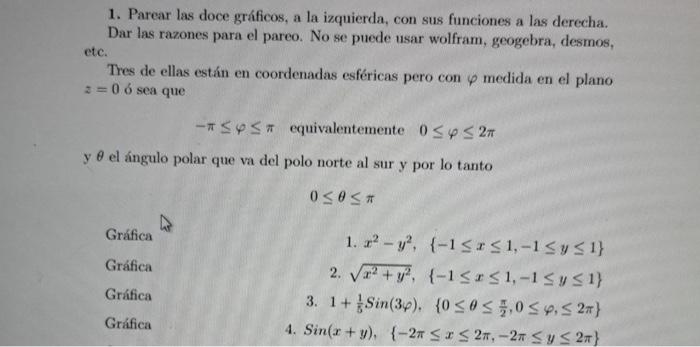 1. Parear las doce gráficos, a la izquierda, con sus funciones a las derecha. Dar las razones para el pareo. No se puede usar