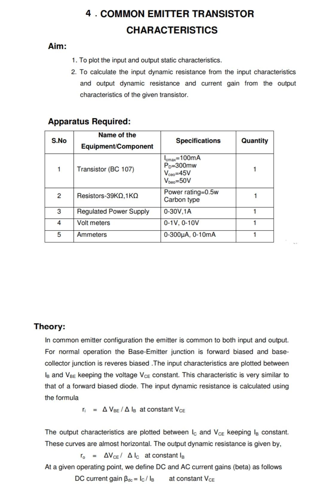 Solved 4. COMMON EMITTER TRANSISTOR CHARACTERISTICS Aim: 1. | Chegg.com