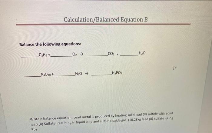 Solved Calculation Balanced Equation B Balance The Following