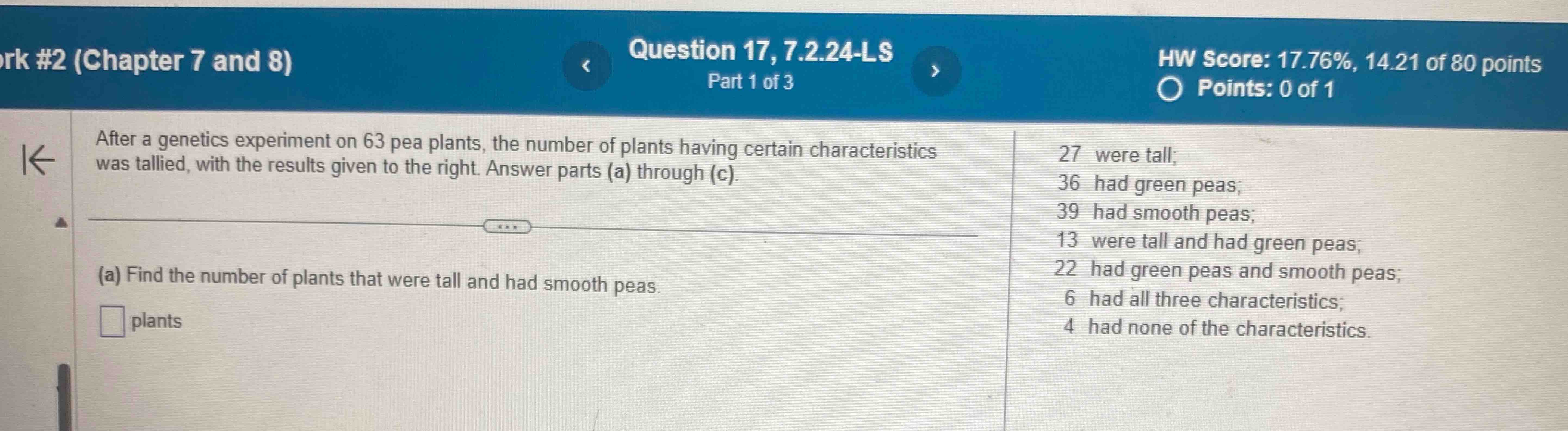 Solved After a genetics experiment on 63 ﻿pea plants, the | Chegg.com