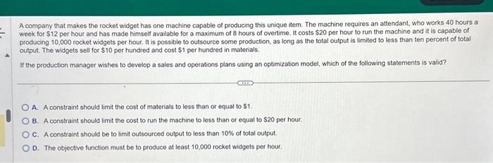 Solved A company that makes the rocket widget has one | Chegg.com