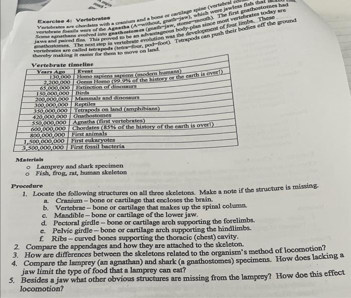 Exerclae 4: Vortobratos vertebrate fossils were of | Chegg.com