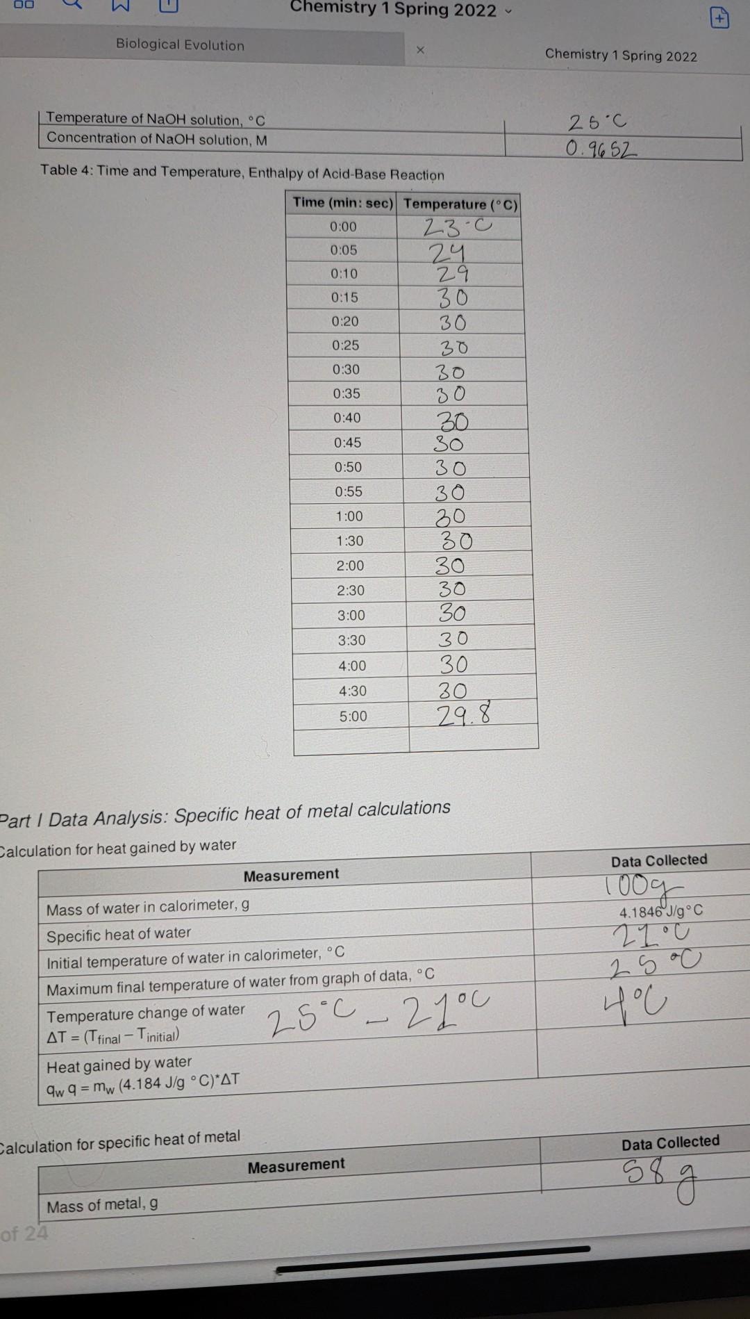Solved Data Sheet Table 1 Calorimeter Experimental Setup