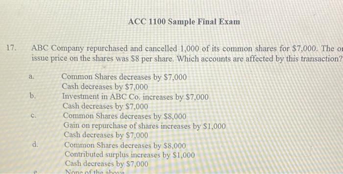 Solved ACC 1100 Sample Final Exam 17. ABC Company | Chegg.com