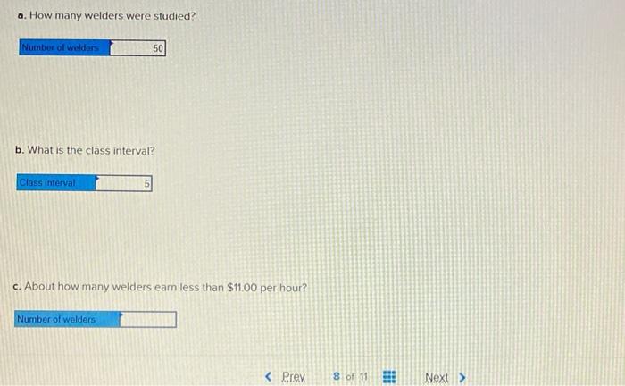 a. How many welders were studied?
b. What is the class interval?
c. About how many welders earn less than \( \$ 11.00 \) per 