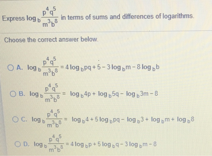 Express In Terms Of Sums And Differences Of Logarithms Solved Rewrite as sums or differences of logarithms. log, | Chegg.com