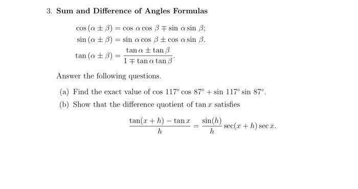 Solved 3. Sum and Difference of Angles Formulas | Chegg.com