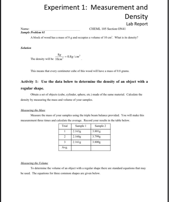 Experiment 1 Measurement and Density Lab Report