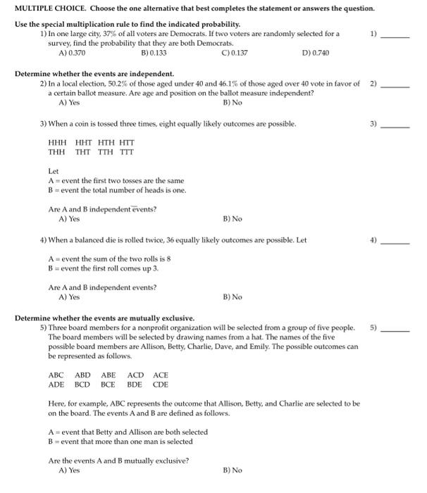 Solved MULTIPLE CHOICE. Choose the one alternative that best | Chegg.com