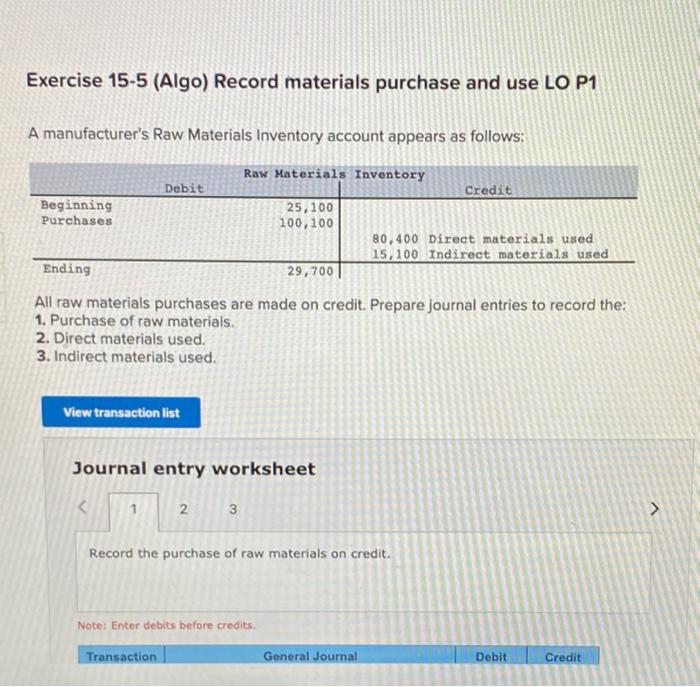 Solved Exercise 15-5 (Algo) Record Materials Purchase And | Chegg.com