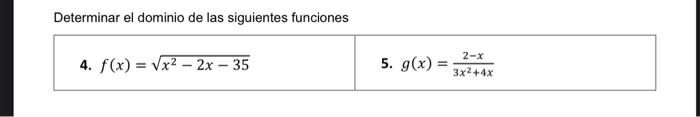 Determinar el dominio de las siguientes funciones 4. \( f(x)=\sqrt{x^{2}-2 x-35} \) 5. \( g(x)=\frac{2-x}{3 x^{2}+4 x} \)