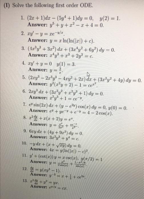 Solved (I) Solve the following first order ODE. 1. (2x +1)dx | Chegg.com