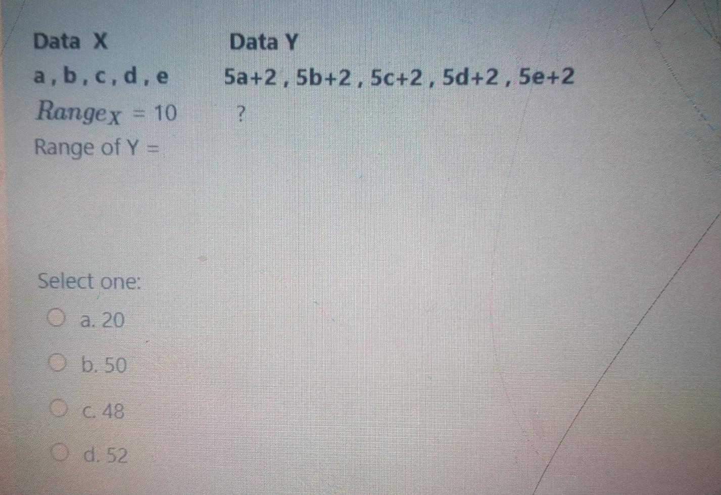 Solved Data Y Sa+2, 5b+2, 5c+2, 5d+2, 5e+2 Data X a, b, c, | Chegg.com