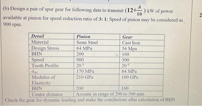 Solved (b) Design a pair of spur gear for following data to | Chegg.com