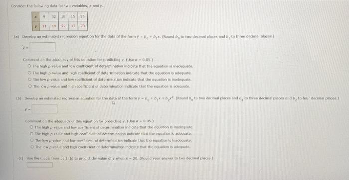 Solved Consider the following data for two variables, and y | Chegg.com