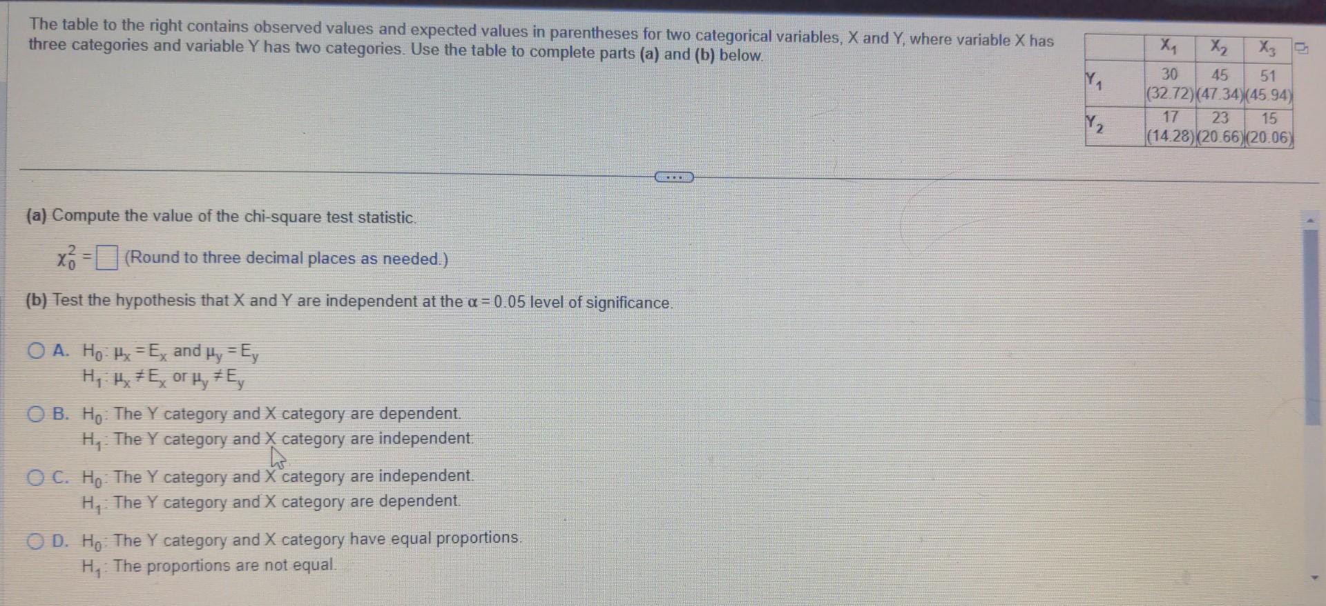 Solved The table to the right contains observed values and | Chegg.com