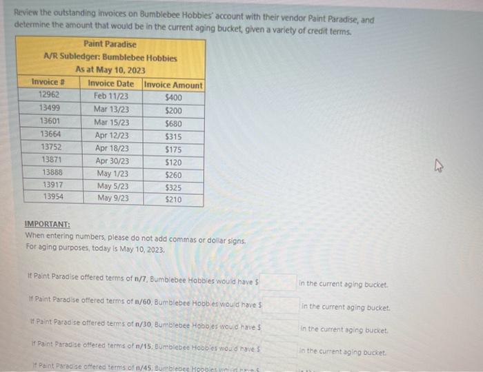 Solved Review the outstanding invoices on Bumblebee Hobbies'