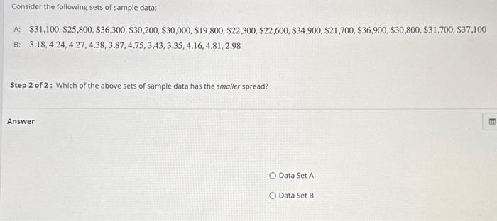 Solved Consider the following sets of sample data: A: | Chegg.com