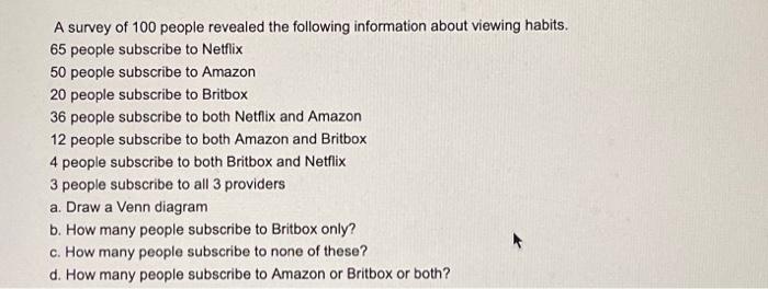 Solved A survey of 100 people revealed the following | Chegg.com