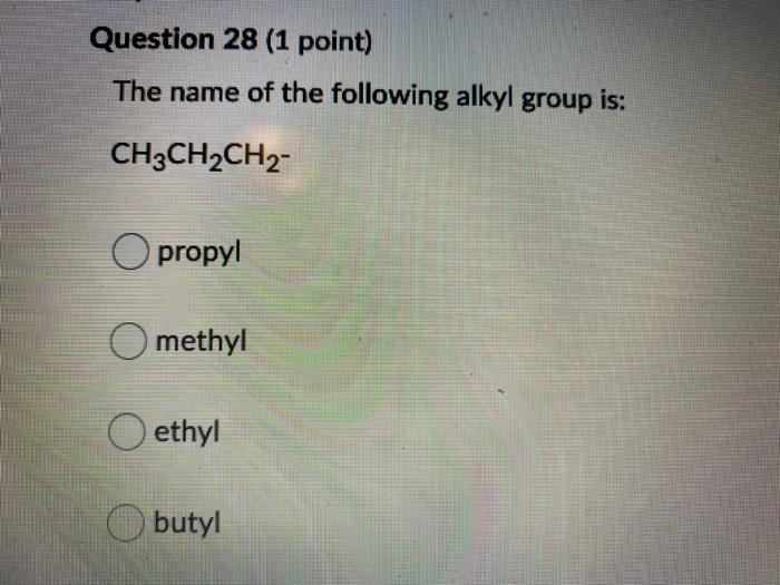 Solved Question 28 (1 point) The name of the following alkyl | Chegg.com