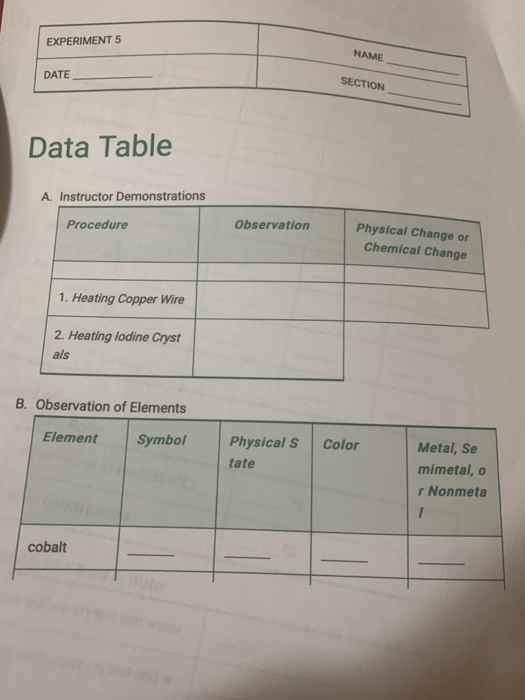 Solved EXPERIMENT 5 NAME DATE SECTION Data Table A. | Chegg.com