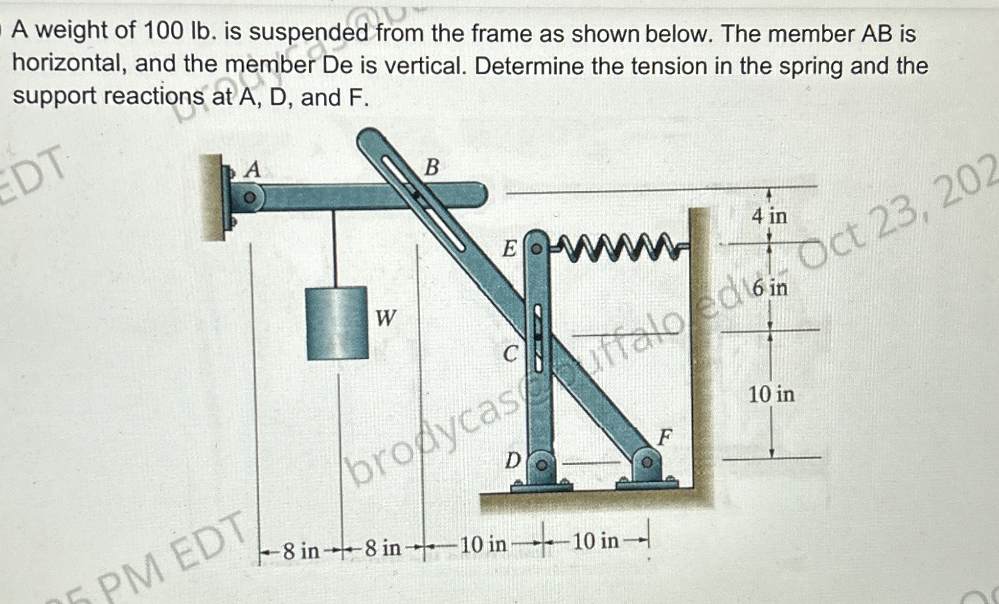 A weight of 100 ﻿lb . ﻿is suspended from the frame as