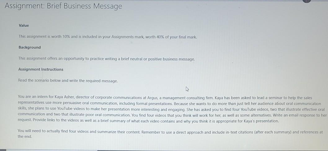 Assignment: Brief Business Message Value This | Chegg.com