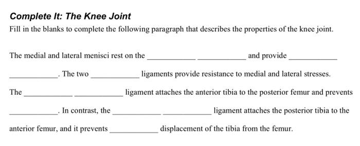 Solved Complete It: Structures of a Synovial Joint Fill in | Chegg.com