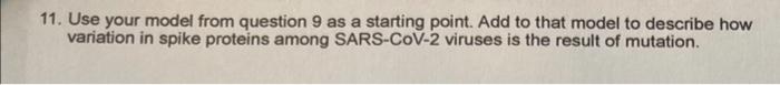 11. Use your model from question 9 as a starting point. Add to that model to describe how
variation in spike proteins among S