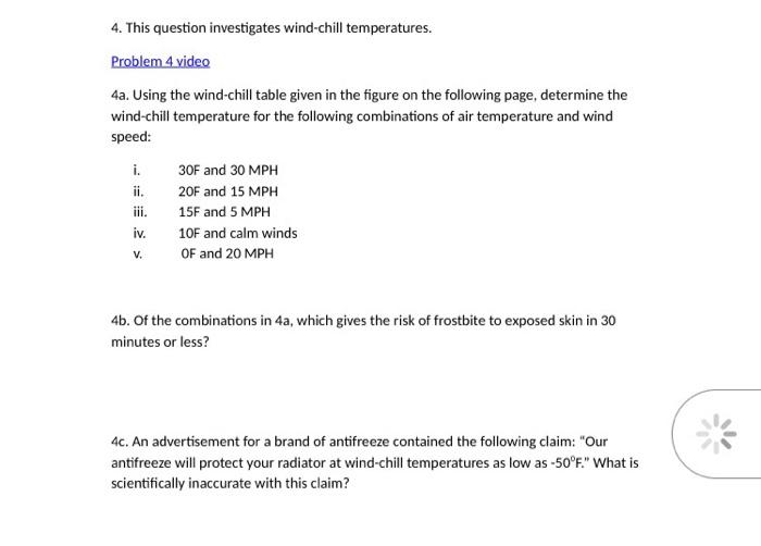 Solved Question 11 Refer to \#4a. The wind chill for i. is: | Chegg.com