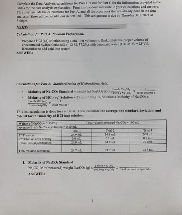 Solved Complete The Data Analysis Calculations For PART B | Chegg.com