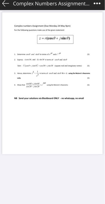 Solved Complex Numbers Assignment... Complex numbers | Chegg.com